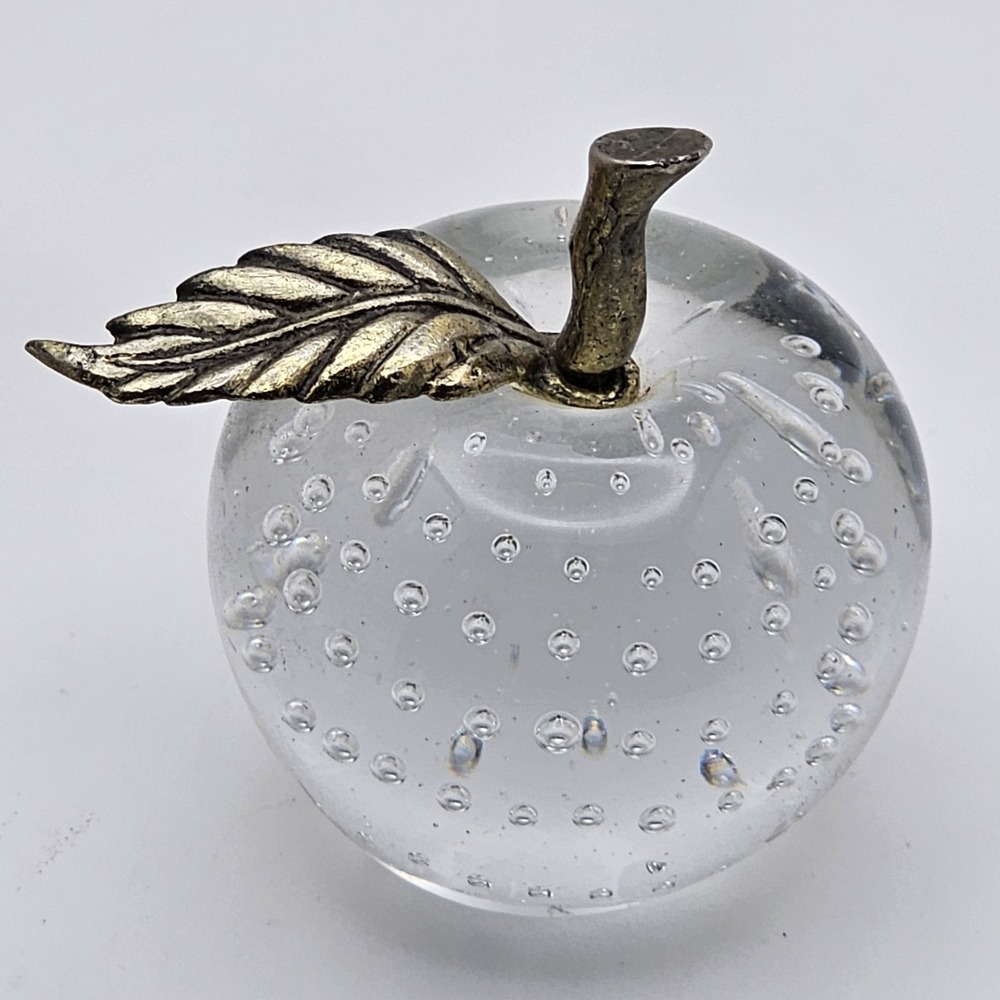 Silvestri Art Glass Apple Brass Stem Paperweight With Controlled Bubbles